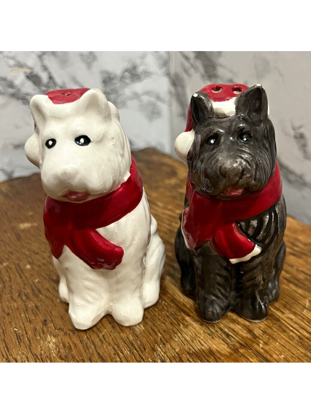 Ceramic Dog Salt & Pepper Shakers Set of 2 White Black Red Glossy Finish